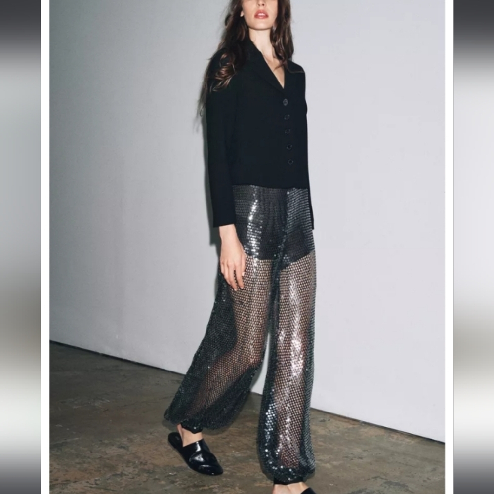 Zara Black and Silver Sequin Wide-Leg Pants